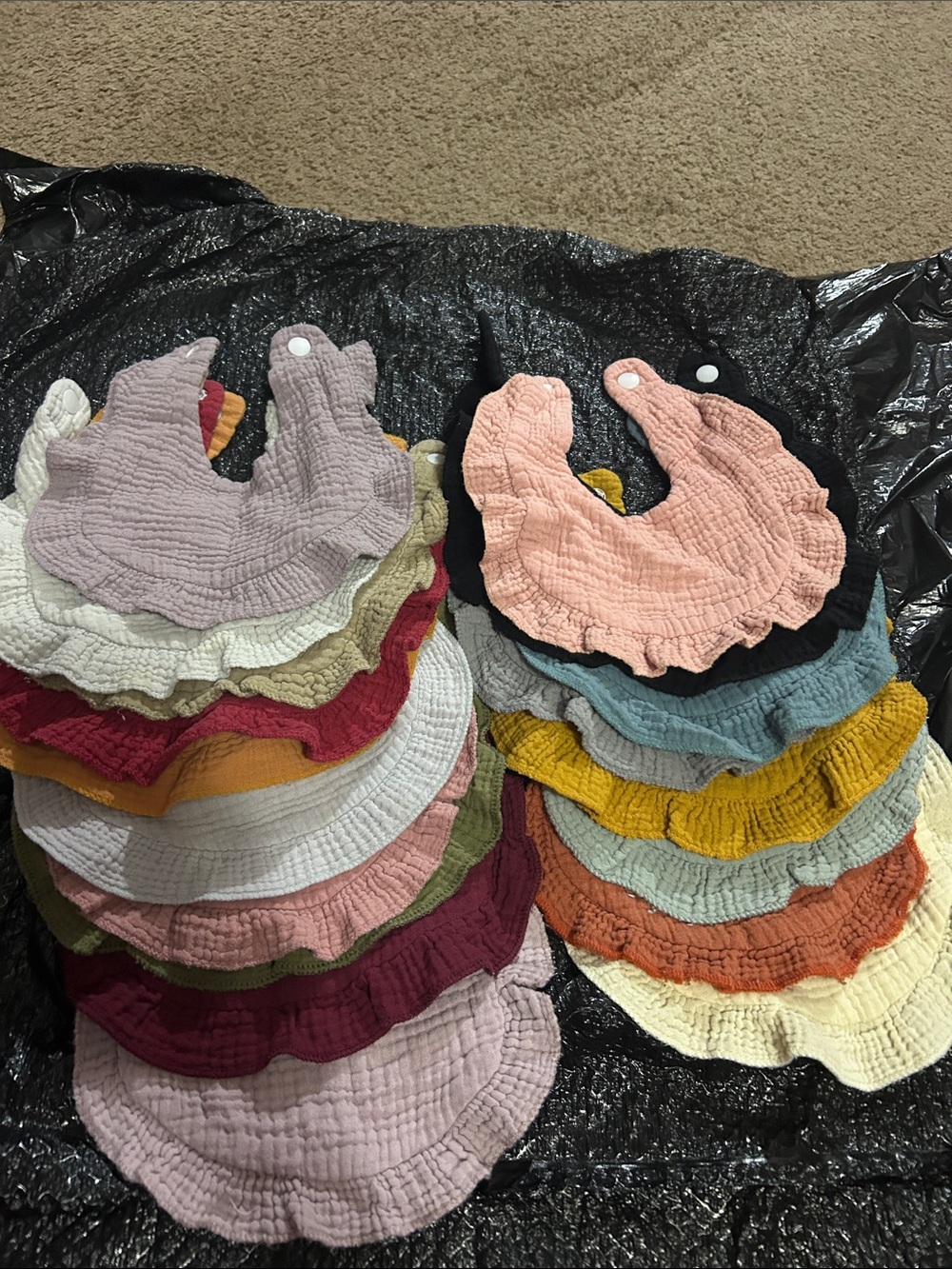 Stack of Ruffled Cotton Baby Bibs - Multi Color